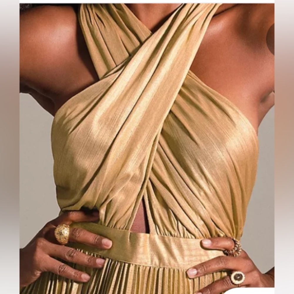 VERB by Pallavi Singhee Elegant HALTER Gold Pleated Dress - Picture 7 of 16